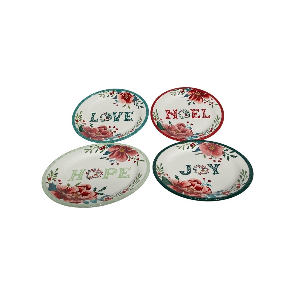 The Pioneer Woman Christmas Plates Set of 4 Love Noel Hope Joy Floral 8"